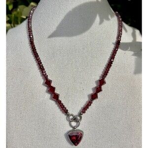 Vintage 925 Silver Garnet Bead Necklace w/ Large Red Cut Crystal Pendant 16”